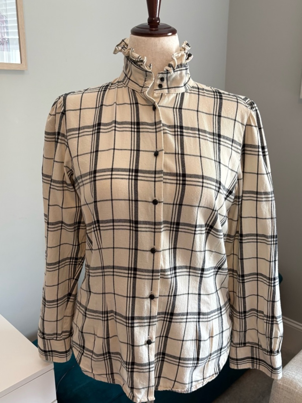 Lauren Ralph Lauren Cream and Black Plaid Ruffle-Neck Button Front Blouse